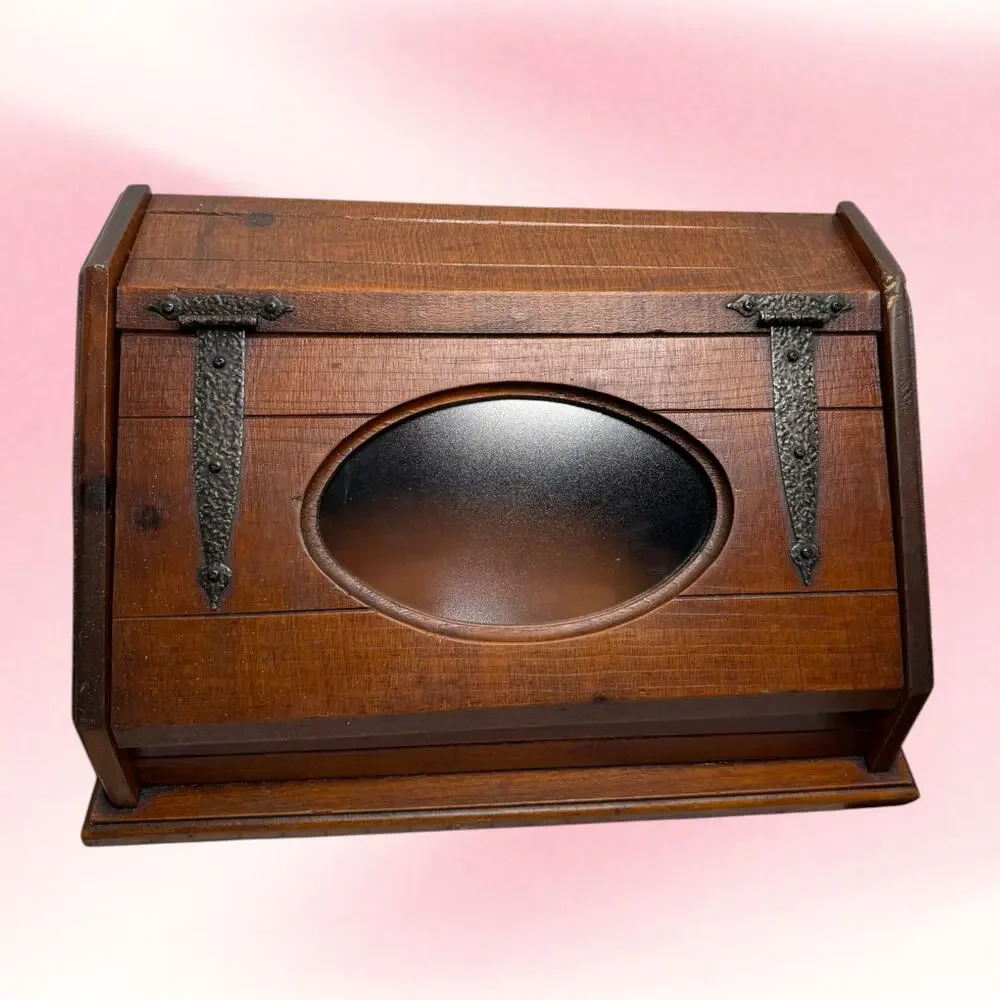 Vintage Wood Bread Box Oval Glass Window Strap Hinges Farmhouse Primitive